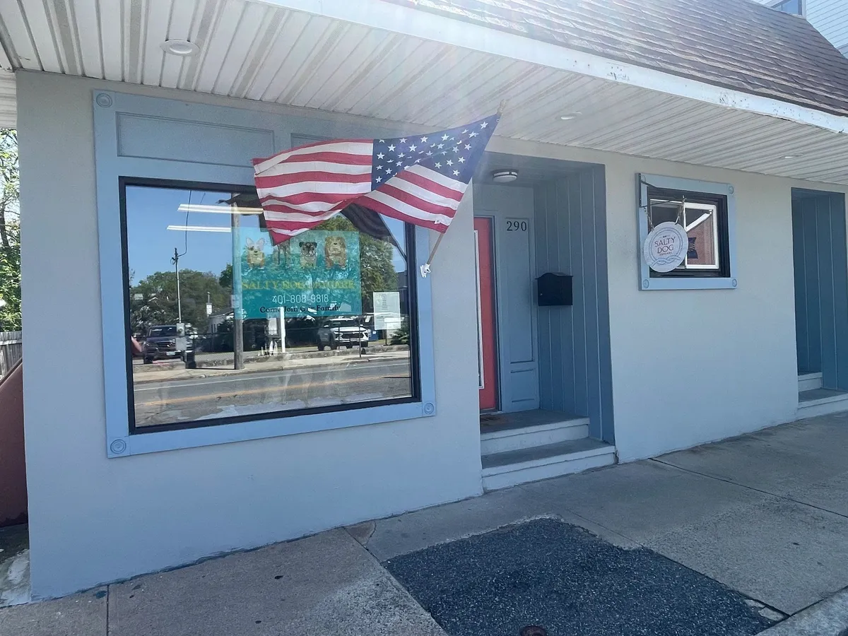 Exterior storefront of Salty Dog Daycare with an American flag and painted dog mural in the window